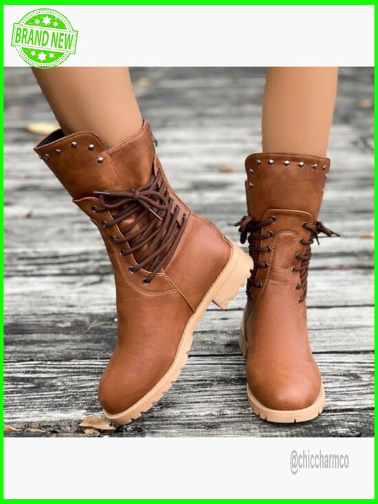 Side Zip Lace Up Block Heel Combat Boots Women\'s Leather Side Lace Up Chunky Heel Ankle Boots